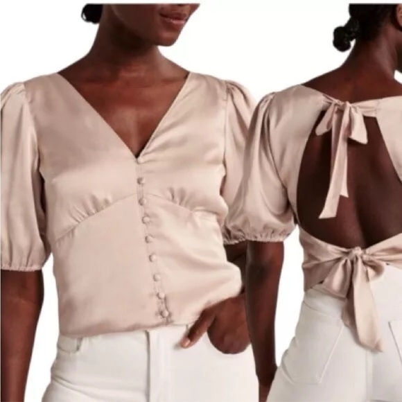 Abercrombie & Fitch Tops - Abercrombie and Fitch Champagne Satin Blouse With Open Tie Back Size Medium